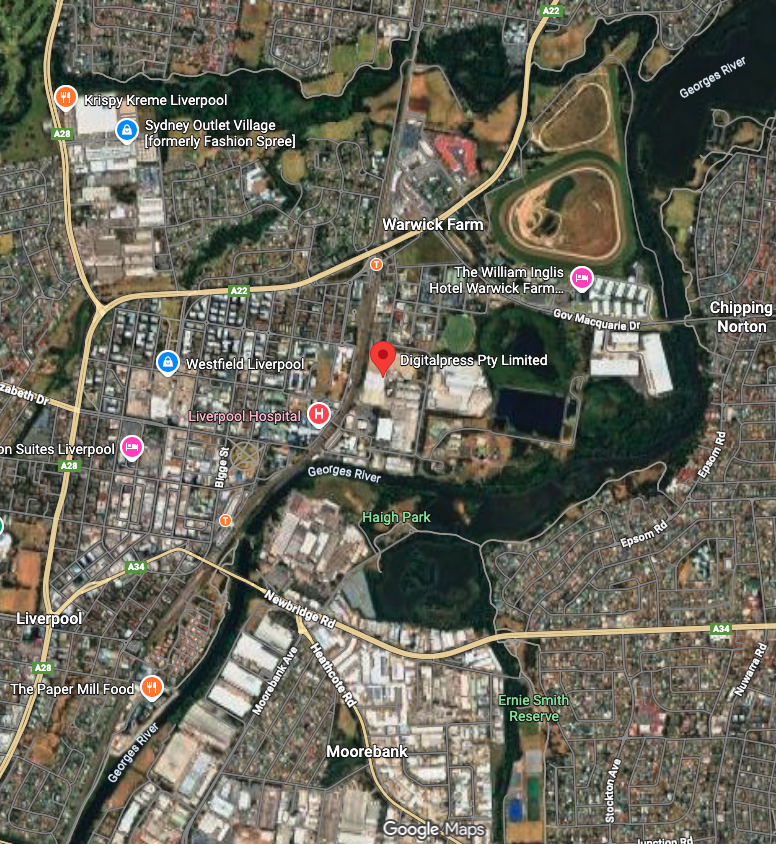 Map showing Digital Press production hub at Unit 6/8 Priddle St, Warwick Farm NSW